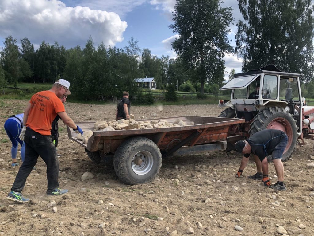 POLITIKERE PÅ JORDET: Ole Martin Kildahl fikk ryddet jordet for stein med Bård Hoksrud og Tor Andre Johnsen i arbeid. FOTO: Malin Therese Strand