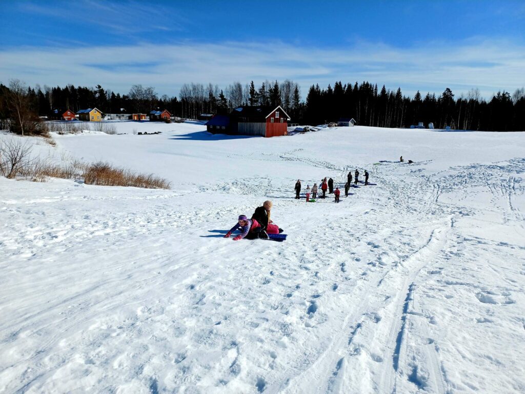 LANG AKEBAKKE: Tvers over veien har skolen en flott akebakke til bruk. Når natta har kuldegrader, og dagen har sol - da blir det ekstra god glid i bakken. FOTO: Line Larsen