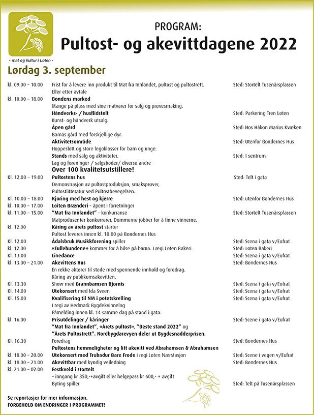 PROGRAM LØRDAG 3. SEPTEMBER 2022.