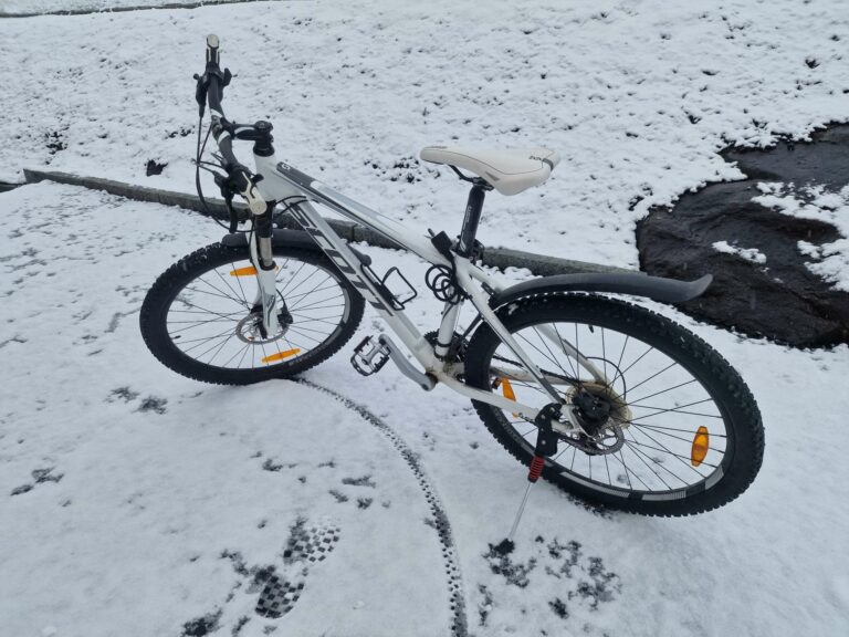 UT PÅ TUR: Fylkeskommunen vil at vi skal sykle mer også om vinteren. Denne sykkelen er neppe skodd riktig for det.