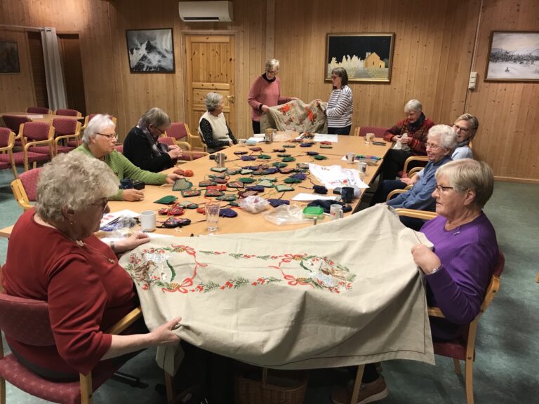 GODT FORBEREDT: Annen hver torsdag gjennom hele året forbereder Klokkergardsringen den årlige julemessa i Klokkergarden. Foran fra venstre leder Anne Berit Ommundsen, Synnøve Gihlemoen, Lise Svevad Kleven, Else Karin Helgestad, Randi Sigstad, Inger Helene Nordsetengen, Vegdis Aanstad, Odbjørg Flagstad, Inger Margot Hagen og Jorun Myki. Ikke alle var til stede denne kvelden.