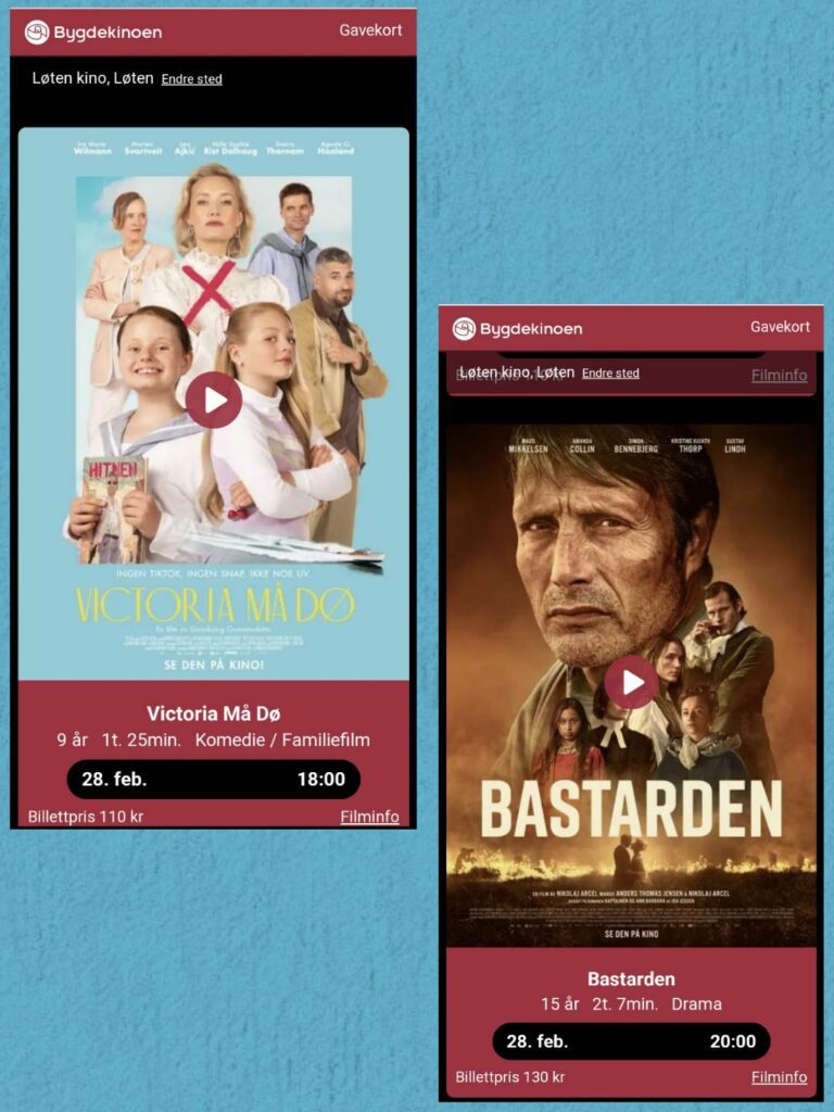 BYGDEKINOEN LØTEN: 2 forestillinger onsdag 28. februar.