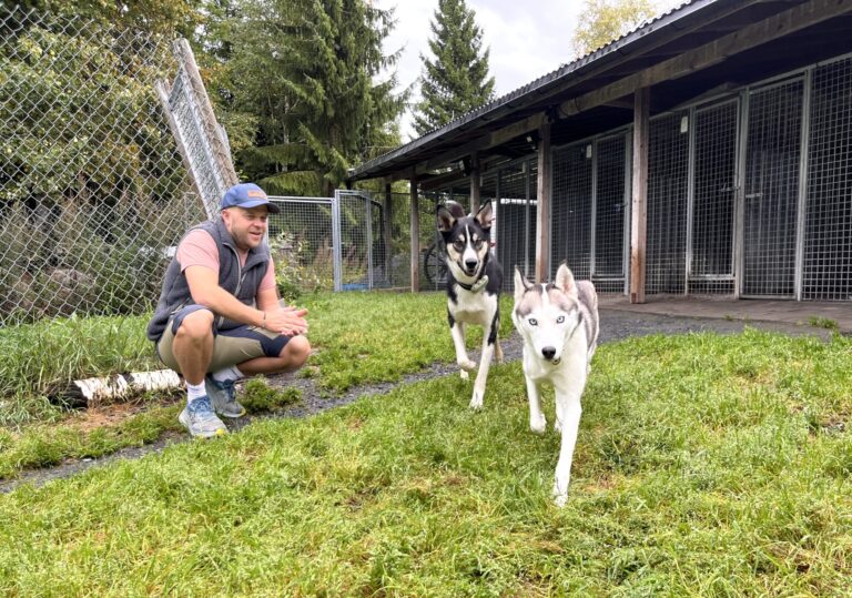 MYE UTE: Marius Nordholm driver både Nordvang HUndepensjonat og hundebarnehage. Her med to av 